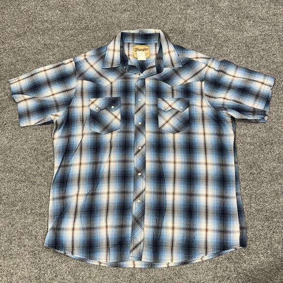 Wrangler Blue Plaid Western Fashion Snap Button Up Short Sleeve Shirt Size XL - Picture 1 of 6